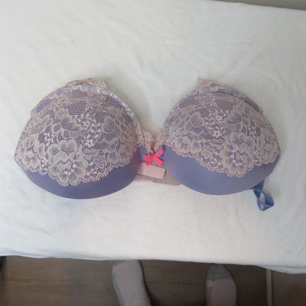 Victorias Secret Dream Angels Push Up Bra 36C Blue Pink Lace Underwire Floral